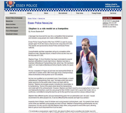 Screen print of article on Essex Police website